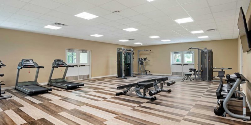 Well-equipped gym featuring treadmills, weights, and mirrors.
