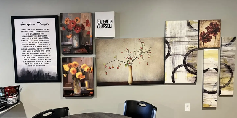 Coffee area with art prints and motivational wall decor