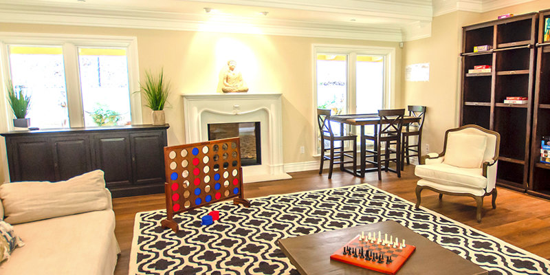 Living room with games and a fireplace.