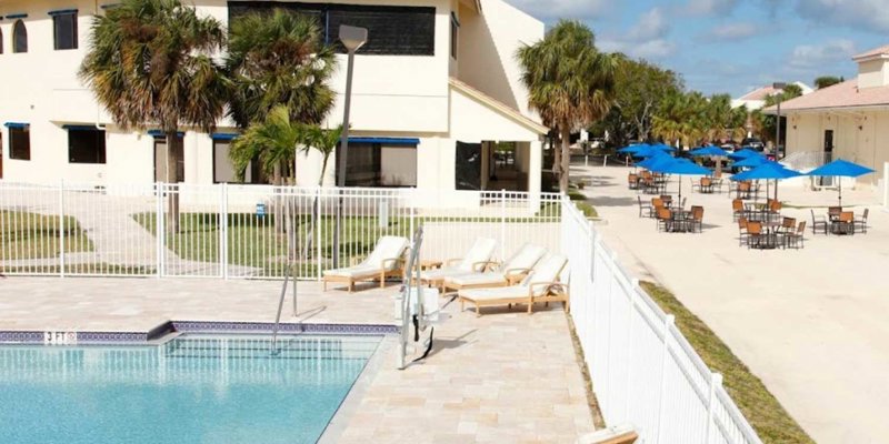 Outdoor pool area with lounge chairs, palm trees, and seating.