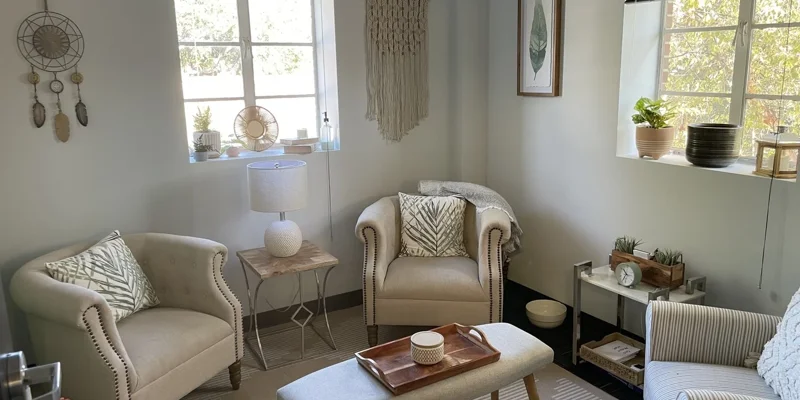 Couch lounge with artwork and natural light