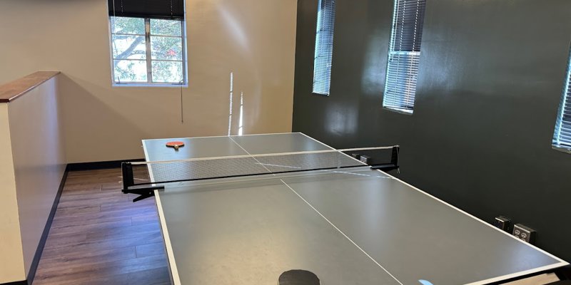 Recreational area featuring a ping pong table and dark green walls.