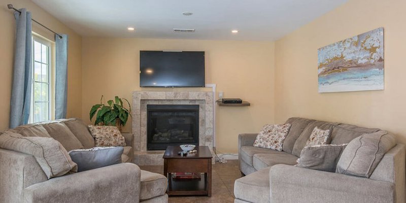 Living room with sofas, a fireplace, and a TV.