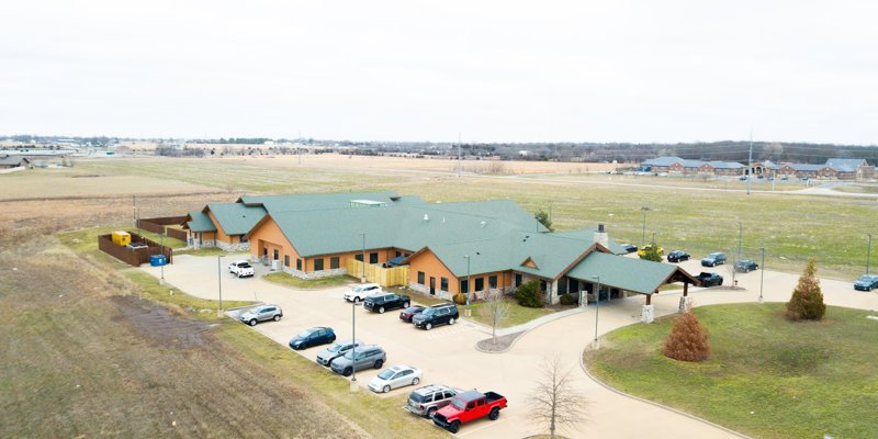 Aerial view of the rehab facility surrounded by open land.