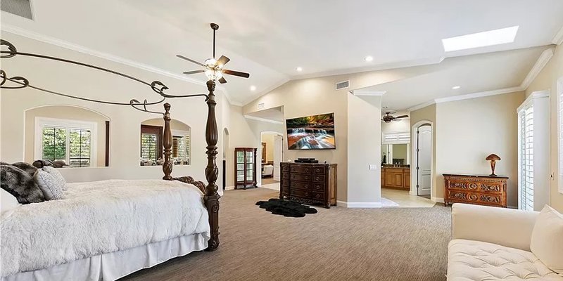 Private bedroom with a bed and dressers.